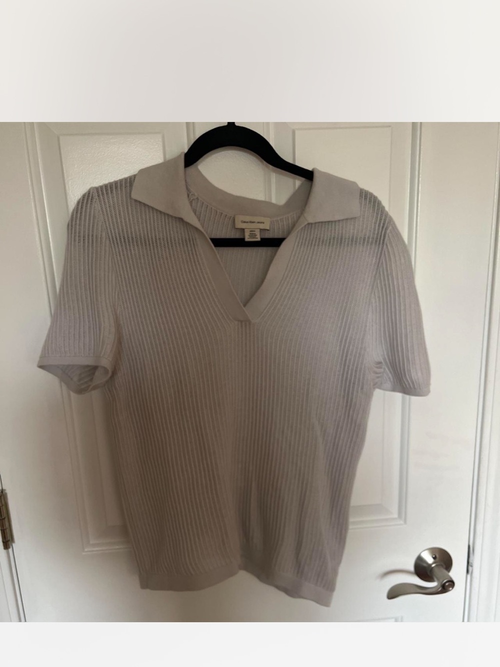 Calvin Klein Pearl Gray Ribbed Polo Top Small